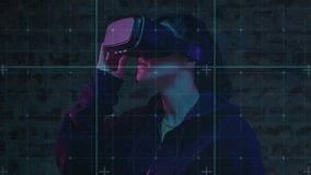 Adult male donning VR headset raising hand opening fingers exploring glowing growth hacking layers. Virtual reality, digital interface, futurism, technology, innovation, immersive, cyber - Powered by Shutterstock - Get 15% off with code: PIKWIZARD15