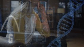 Woman fitting VR headset in tech loft examining virtual molecules and animated DNA helix charts. Virtual reality, futurism, innovation, digital interface, biotechnology, immersive, modern - Powered by Shutterstock - Get 15% off with code: PIKWIZARD15
