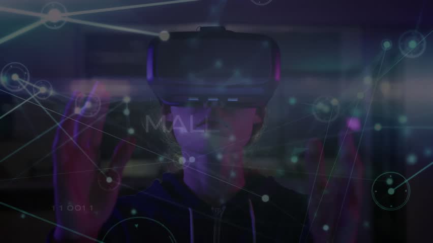 Woman wearing VR headset in lab watching malware network materializing and interacting with nodes. Technology, cybersecurity, digital, interface, innovation, futuristic, virtual - Powered by Shutterstock - Get 15% off with code: PIKWIZARD15