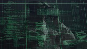 Mature adult woman adjusting VR headset and swiping holographic code grid for tech data analysis. Technology, innovation, futurism, digital, user interface, data, virtual reality - Powered by Shutterstock - Get 15% off with code: PIKWIZARD15