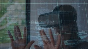 woman using VR headset raising hands activating business growth hacking code overlays. Futuristic, innovation, technology, immersive, digital, interaction, professional - Powered by Shutterstock - Get 15% off with code: PIKWIZARD15