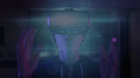 grids materializing causing VR headset user raising hands and exploring holographic data network. Futuristic, immersive, digital, technology, innovation, interface, virtual - Powered by Shutterstock - Get 15% off with code: PIKWIZARD15