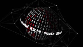 Opening on dark grid, binary globe spinning, orbiting Block chain text ring visualizing network. Cyberspace, digital, futuristic, technology, data, innovation, network - Powered by Shutterstock - Get 15% off with code: PIKWIZARD15