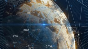 Blue point appearing radial grid spinning network lines connecting for rotating Earth monitoring. Technology, innovation, data visualization, global network, satellite, digital interface, futuristic - Powered by Shutterstock - Get 15% off with code: PIKWIZARD15