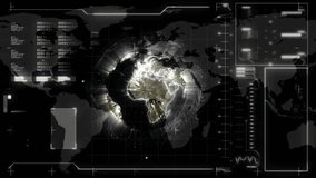 Holographic map generating swirl over Africa, tracing borders, popping icons and updating readouts. Interactive, futuristic, digital, analytics, data visualization, technology, network - Powered by Shutterstock - Get 15% off with code: PIKWIZARD15