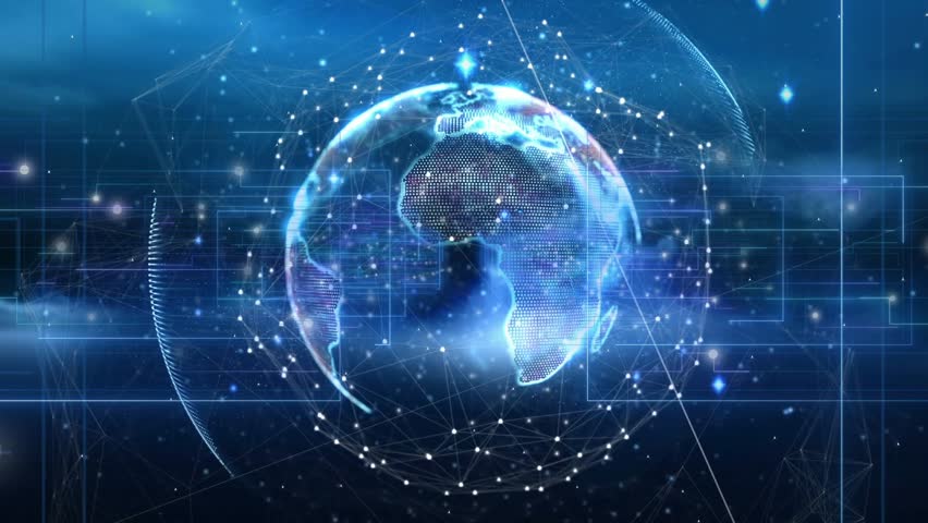 Dark blue field presenting 3D globe rotating east and emitting data lines for real time analytics. Technology, data visualization, digital network, futuristic, analytics, virtual reality, innovation - Powered by Shutterstock - Get 15% off with code: PIKWIZARD15