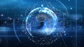 Dark blue field presenting 3D globe rotating east and emitting data lines for real time analytics. Technology, data visualization, digital network, futuristic, analytics, virtual reality, innovation - Powered by Shutterstock - Get 15% off with code: PIKWIZARD15
