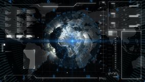 Console powering on initiating hologram globe sweeping beam rotating Earth for ongoing analysis. Digital, futuristic, immersive, data visualization, technology, simulation, interface - Powered by Shutterstock - Get 15% off with code: PIKWIZARD15