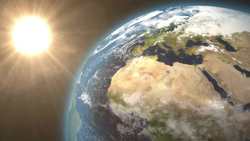 Opening sun and Earth initiating HUD panels fading in and globe rotating westward for data tracking. Satellite, technology, futuristic, analytics, monitoring, space, interface