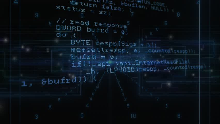 Glowing central node initiating declarations, API methods and geometry transitioning then dimming. Technology, programming, digital, abstract, data, software, futuristic