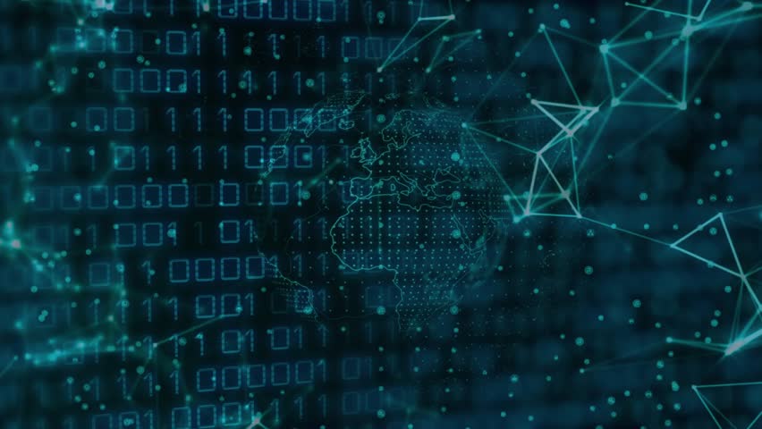 Interface initiating globe rotating eastward, binary pulsing, mesh adjusting visualizing data flow. Technology, global network, cyberspace, data visualization, digital interface, futuristic