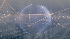 Upon starting, dotted wireframe globe rotating left while golden nodes shifting, showing data flow. Cyberspace, data visualization, digital network, abstract technology, futuristic, information flow - Powered by Shutterstock - Get 15% off with code: PIKWIZARD15