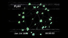 PLAY indicator appearing rotating green icon network circling timecodes updating retro playback. Data visualization, digital network, neon graphics, technology, futuristic interface, motion graphics - Powered by Shutterstock - Get 15% off with code: PIKWIZARD15