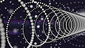Opening ring entering frame driving rings forward through space illustrating infinite dotted tunnel. Digital abstract, futuristic, motion, neon, sci-fi, geometric, dynamic - Powered by Shutterstock - Get 15% off with code: PIKWIZARD15