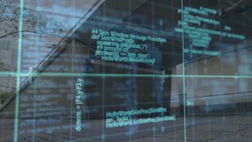 Transparent code overlay appearing over plaza guiding woman runner running beneath sloped roof. Digital, urban, fitness, modern, technology, motion, environment - Powered by Shutterstock - Get 15% off with code: PIKWIZARD15