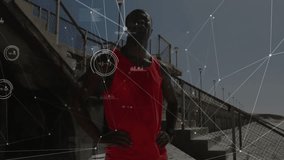 Man standing beach pier initiating animated HUD scanning posture and scene for fitness technology. Athlete, technology, fitness, digital, sport, innovation, outdoor - Powered by Shutterstock - Get 15% off with code: PIKWIZARD15