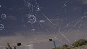 Track athlete taking stride at hurdle, sprinting hurdle with nodes tracking motion in sports tech. Performance, biomechanics, fitness, digital, analytics, athletics, technology - Powered by Shutterstock - Get 15% off with code: PIKWIZARD15