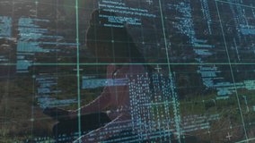 Floating code overlay resolving woman typing on laptop and analyzing technology data on hillside. Cyber, innovation, outdoors, futuristic, technology, digital, productivity - Powered by Shutterstock - Get 15% off with code: PIKWIZARD15