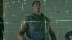 Fitness user gripping treadmill and checking smartwatch metrics with green grid tracking progress. Exercise, technology, health, motivation, progress, wellness, fitness - Powered by Shutterstock - Get 15% off with code: PIKWIZARD15