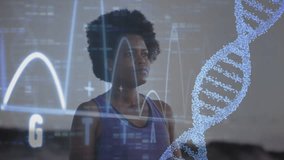 Woman wearing tank top at start, holographic DNA fading as graphs shifting, visualizing genome data. Futuristic, biomedical, digital, innovation, scientific, data visualization, technology - Powered by Shutterstock - Get 15% off with code: PIKWIZARD15