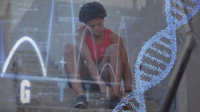 Man tying running shoes on concrete stairs, activating animated DNA helix and charts for fitness. Athletic, vitality, innovation, biomechanics, determination, progress, technology - Powered by Shutterstock - Get 15% off with code: PIKWIZARD15