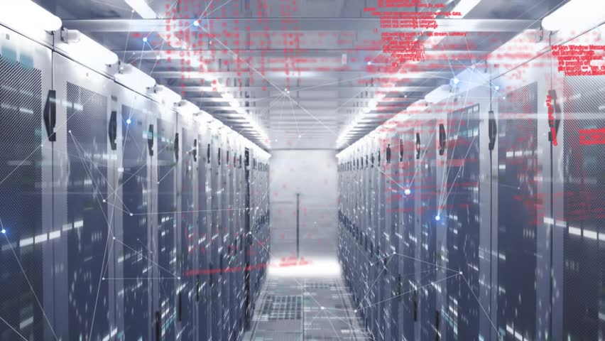 Red code text emerging in server corridor initiating blue node mesh pulsing to represent data flow. Technology, data, cybersecurity, network, cyberspace, digital, infrastructure