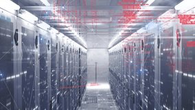 Red code text emerging in server corridor initiating blue node mesh pulsing to represent data flow. Technology, data, cybersecurity, network, cyberspace, digital, infrastructure - Powered by Shutterstock - Get 15% off with code: PIKWIZARD15