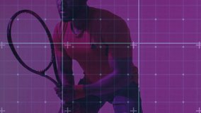 Start showing male tennis athlete holding racket shifting stance for backhand as pulsing grid. Athletic, sport, digital, technology, training, performance, modern - Powered by Shutterstock - Get 15% off with code: PIKWIZARD15