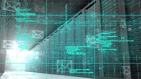 Grid lines initiating envelope icons and drifting code, showing email flow in server corridor. Futuristic, digital, cybersecurity, technology, network, data, precision - Powered by Shutterstock - Get 15% off with code: PIKWIZARD15