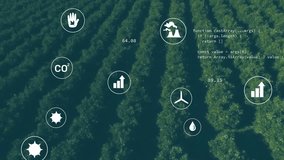 White icons fading in at start while metrics updating and code shifting, visualizing orchard data. Sustainability, environmental, data visualization, renewable, agriculture, digital, ecological - Powered by Shutterstock - Get 15% off with code: PIKWIZARD15
