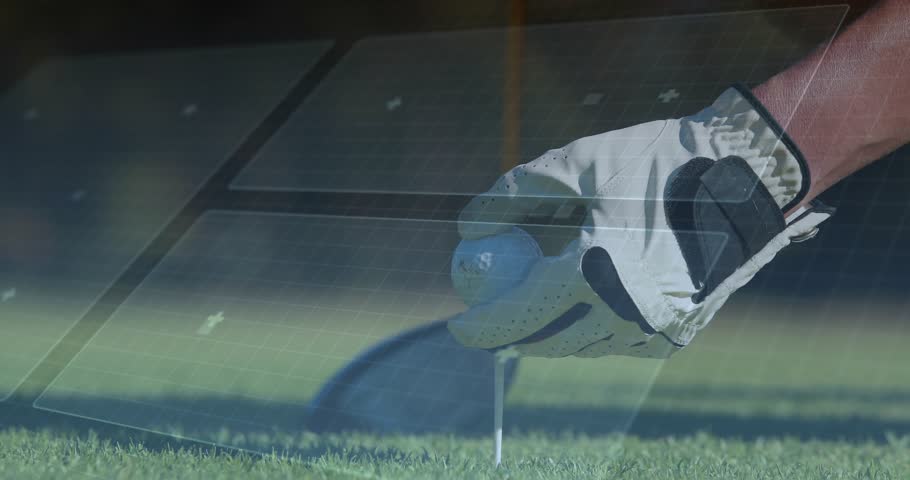 Entering right-side gloved hand placing golf ball on tee as AR club head rotating preparing shot. Holography, sports, technology, innovation, precision, outdoor, automation
