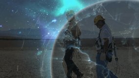 Technicians walking across energy site initiating rotating globe showing network lines for analysis. Industry, technology, engineering, innovation, connectivity, digital, sustainable - Powered by Shutterstock - Get 15% off with code: PIKWIZARD15