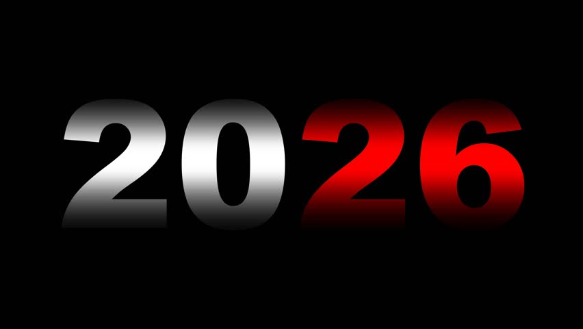 2026 new year update transition animation with modern typography on a black background. Perfect for educational videos, presentations, timelines, or yearly update intros. Easy to integrate in projects