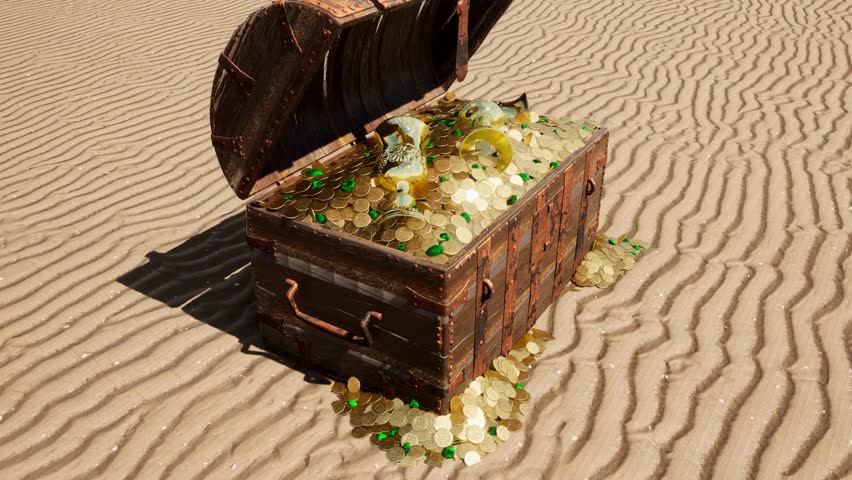 A treasure chest overflowing with gold coins, chalices, goblets, and emeralds lies open on a sandy beach, symbolizing wealth, adventure, and hidden fortune.
