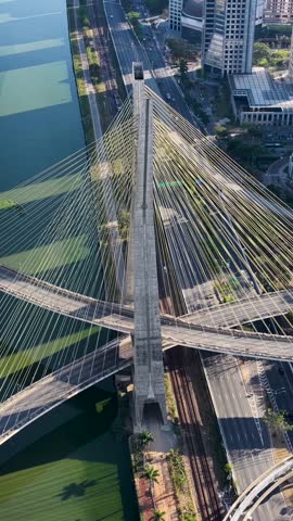 Cable Stayed Bridge At Sao Paulo In Brazil. Downtown Cityscape. Traffic Road. Bridge Landscape. Cable Stayed Bridge At Sao Paulo In Brazil. Metropolitan Background. Sao Paulo Brazil.