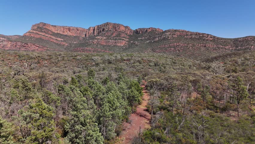 Flinders Ranges, South Australia – 4K Aerial Drone Footage of Rugged Red Cliffs, Rocky Hills, Forest, and Expansive Outback Valleys under Clear Blue Skies in Australia Inland