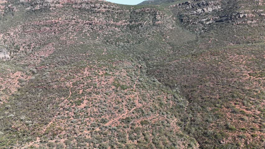 4K Aerial Footage of Flinders Ranges, South Australia – Majestic Outback Landscape of Red Rock Formations, Panoramic Mountain Ridges, Forest, Vast Plains in Australia Inland