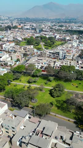 Aerial drone view over La Molina district in Lima, Peru.