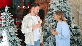 Happy couple enjoys festive holiday celebration. Smiles and laughter abound as glasses clink, toasting joyful moments. Experience warm, cherished memories during Christmas time. - Powered by Shutterstock - Get 15% off with code: PIKWIZARD15