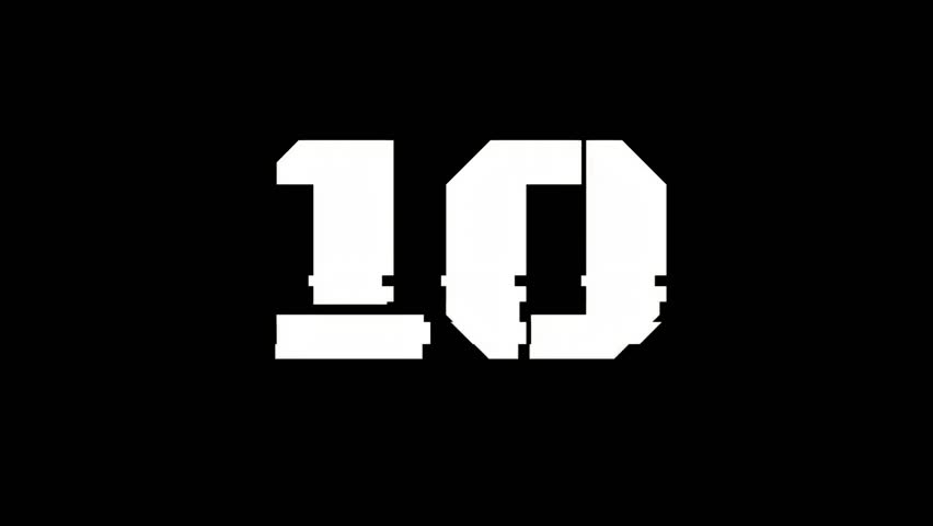 Huge white digits on a black background with heavy glitch artifacts - desync jitter, broken pixels and scanline noise for a VHS CRT-style countdown in 4K