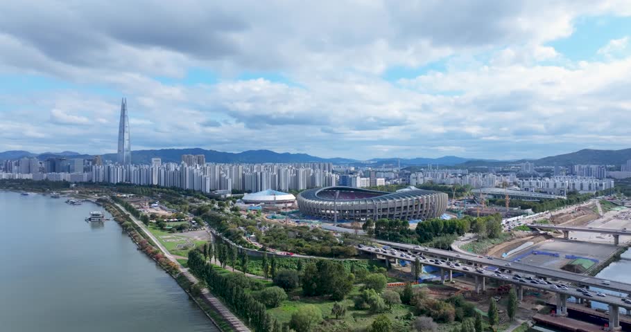 An aerial view of the Hangang River in Seoul, South Korea, in Autumn
