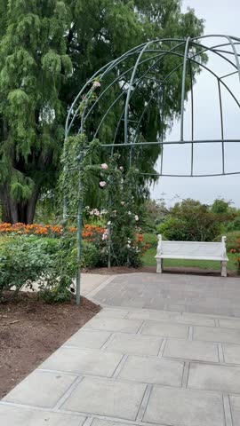 Elegant Rose Garden With Pink, Orange and Yellow Blooms, Grey Metal Iron Dome Gazebo, White Stone Bench, and Flower Arches Surrounded by Cypress Trees and Vibrant Green Shrubs on an Overcast Morning