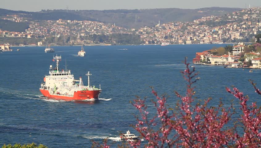 Tanker ship cruising along coast of Bosporus Sea in Istanbul, Turkey. Bosphorus