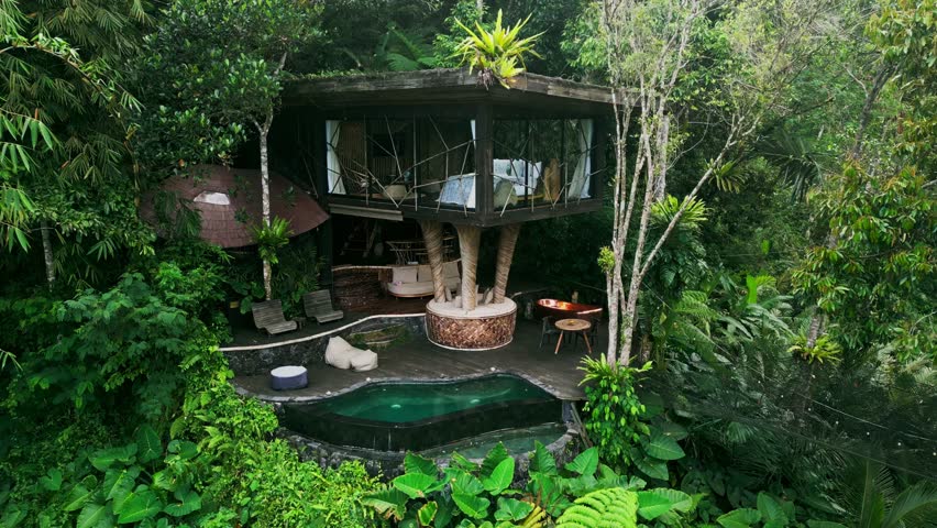Drone footage of a luxury Bali villa surrounded by dense tropical forest. The elevated treehouse design and private pool blend seamlessly with the lush greenery for a peaceful natural retreat.