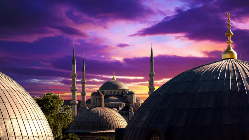 Blue Mosque at dramatic sunset in Istanbul. Timelapse