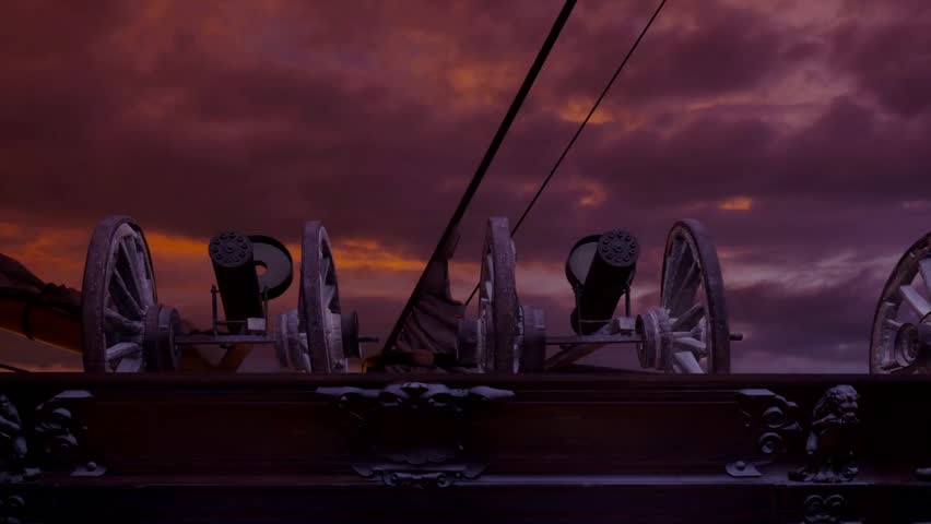 Close-up of an old wooden battleship sailing at dawn with a rotary cannon, evoking historical naval warfare and cinematic maritime action.