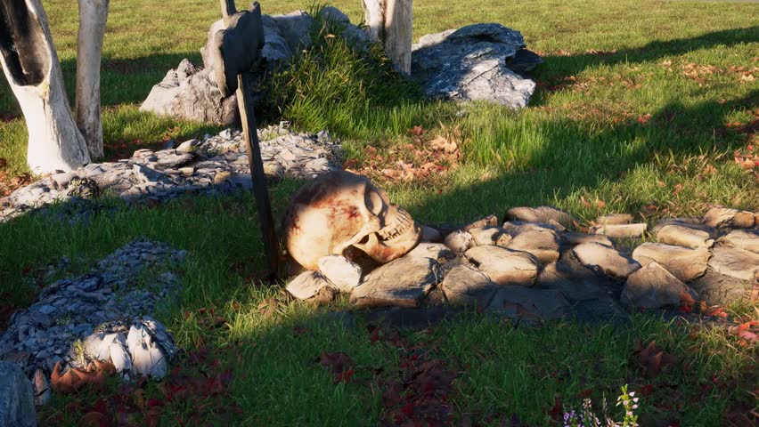 Slow cinematic pan over an unmarked grave with a timber cross headstone, evoking solitude, remembrance, and a hauntingly serene atmosphere.