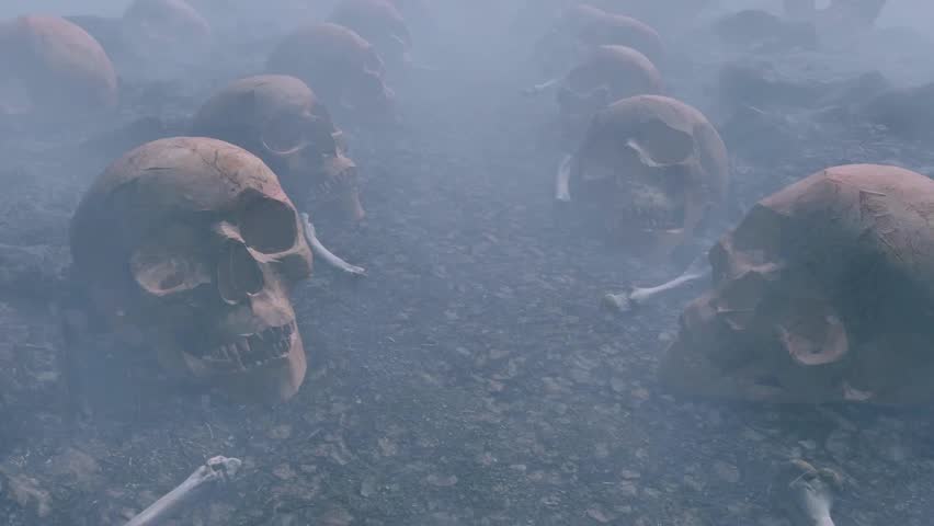 A chilling fog drifts over a desolate path filled with cracked skulls and bones, creating a dark and eerie haunted landscape filled with mystery and fear.