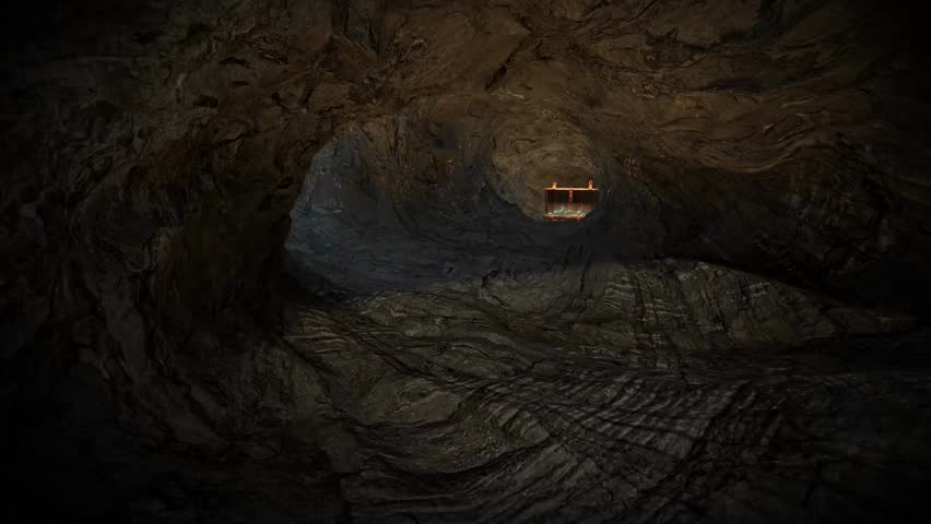 A glowing treasure chest overflowing with gold coins, chalices, and goblets hidden deep inside a mysterious cave illuminated by warm golden light.
