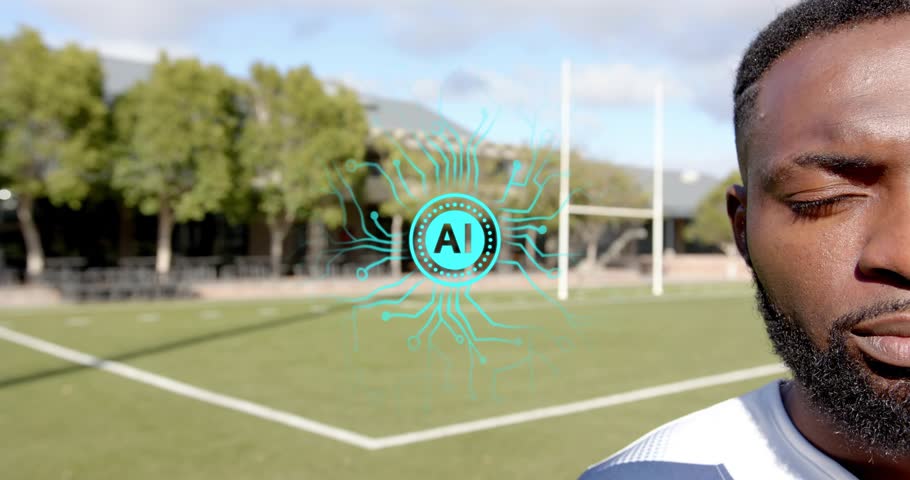 Athletic man entering sports field, reacting to pulsing AI tech graphic by opening eyes and smiling. Technology, sports, fitness, innovation, performance, outdoor, vitality